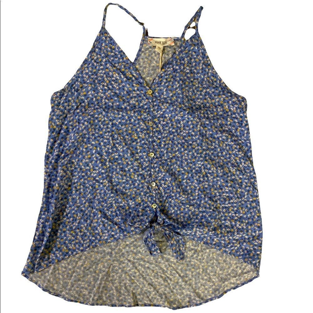 Pink rose light blue floral print tie front top